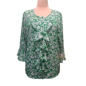 Linea by Louis Dell'Olio Ruffled Floral Print Blouse - Size L - Green